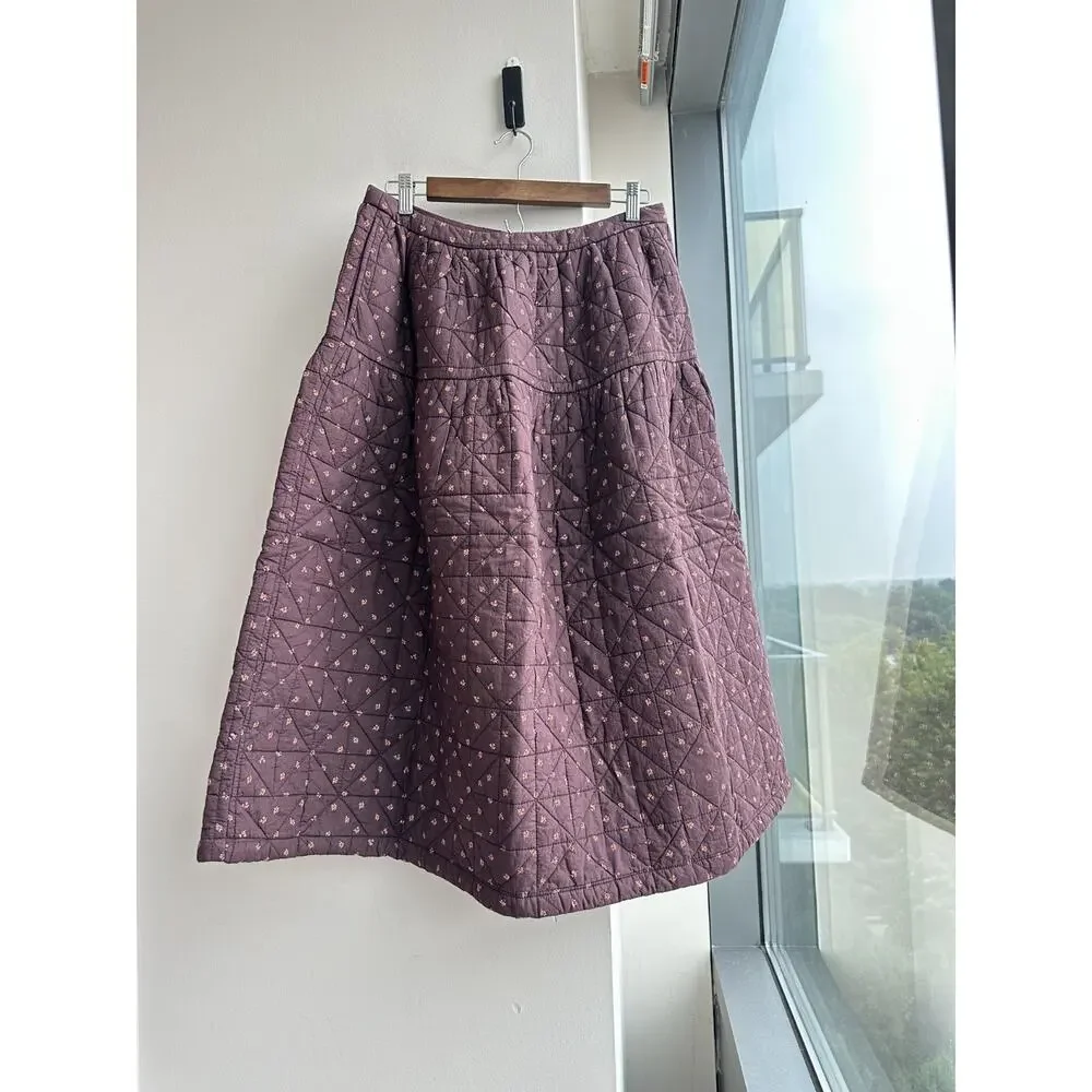 NWT Madewell Quilted Crinkle Cotton Midi Chocolate Raisin Charming Daisy Skirt M